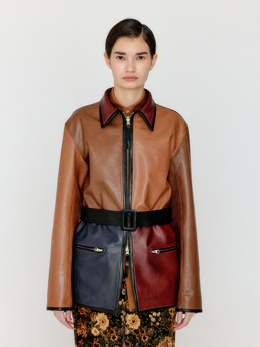VELLO Belted Zip-up Leather Jacket - Camel/Brown/Burgundy/Navy
