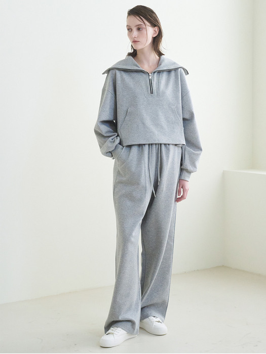 Wide Collar Zip Up T-Shirts - M. Gray