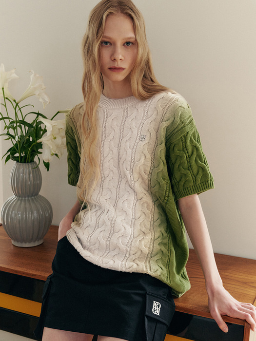 Gradation Washing Cable Knit Top [GREEN]