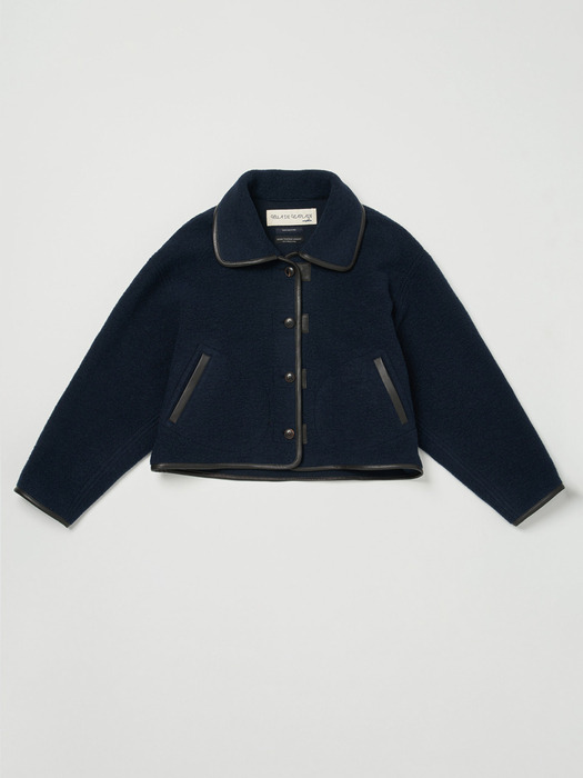 Via Leather taping cropped wool Jacket (Navy)