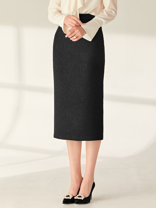 JULIE H-line tweed long skirt (Black)