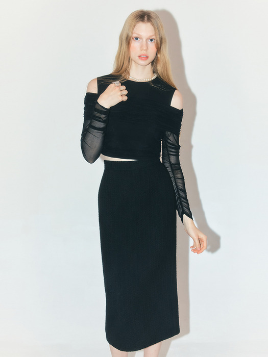 JULIE H-line tweed long skirt (Black)