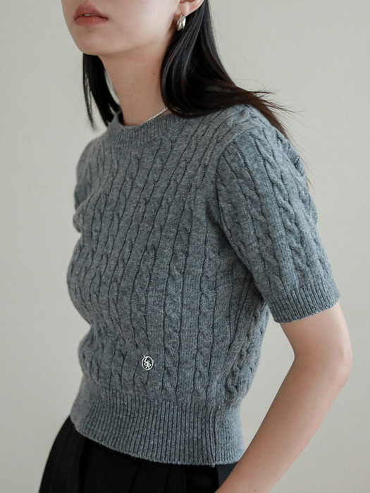 Lossy  Cashmere Cable Short-Sleeved Round Knit_darkgray