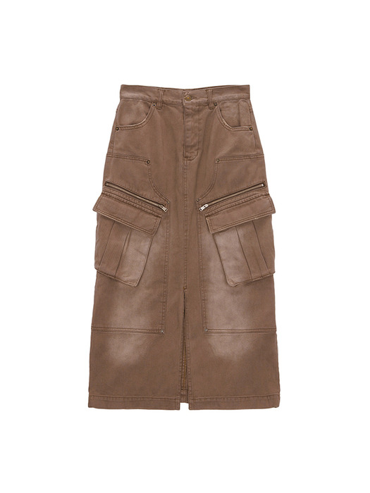 DENIM CARGO LONG SKIRT IN BROWN