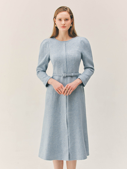 ELAINA Mermaid tweed wool long dress (Soft blue)