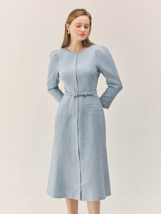 ELAINA Mermaid tweed wool long dress (Soft blue)