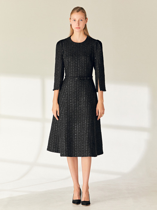 EMBETH Cape sleeve tweed long dress (Black)