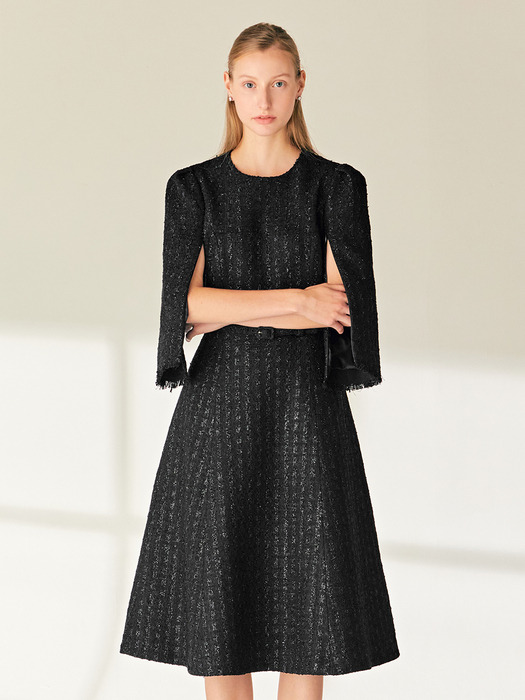 EMBETH Cape sleeve tweed long dress (Black)