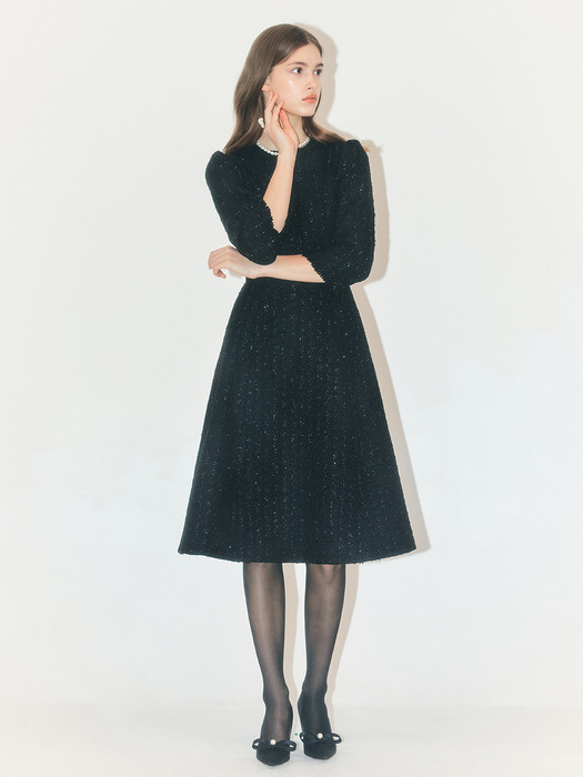 EMBETH Cape sleeve tweed long dress (Black)