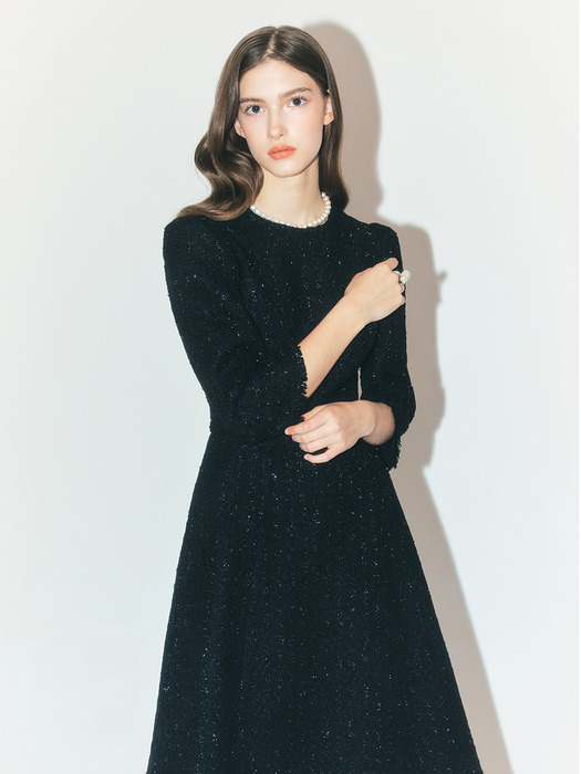 EMBETH Cape sleeve tweed long dress (Black)