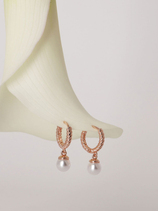Romantic Mini Drop Dangle Pearl  Rosegold Twist Huggie Silver 925 Earrings ES090E