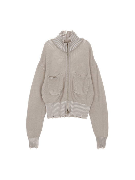 COLOR RIBBED HIGH NECK ZIP UP IN BEIGE