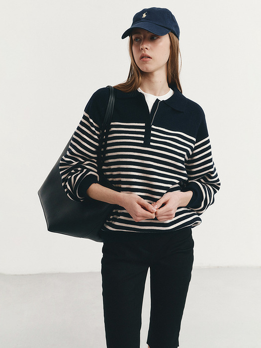 UNISEX STRIPED HALF ZIP-UP SWEATER FRENCH NAVY_UDSW4A103N2