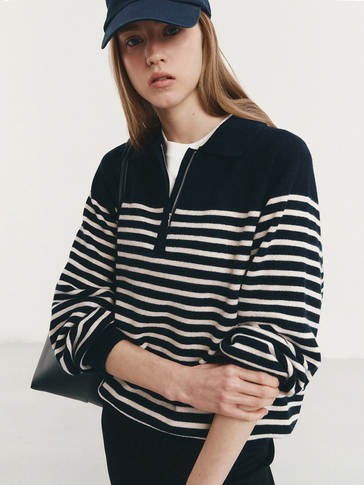 UNISEX STRIPED HALF ZIP-UP SWEATER FRENCH NAVY_UDSW4A103N2