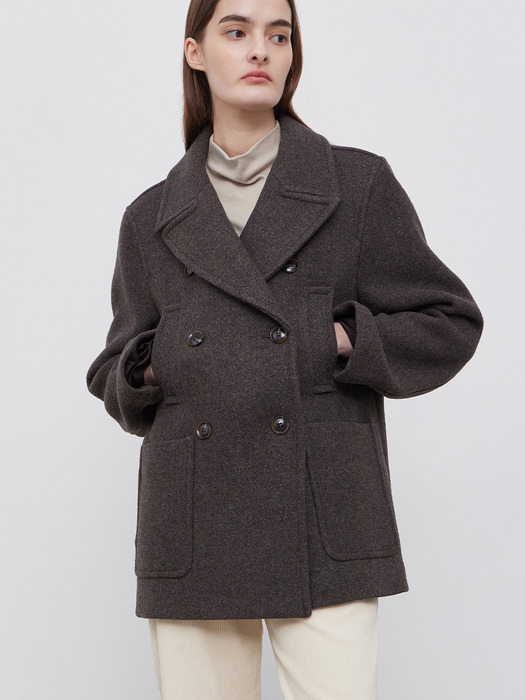 WOOL DOUBLE BREASTED COAT - BROWN