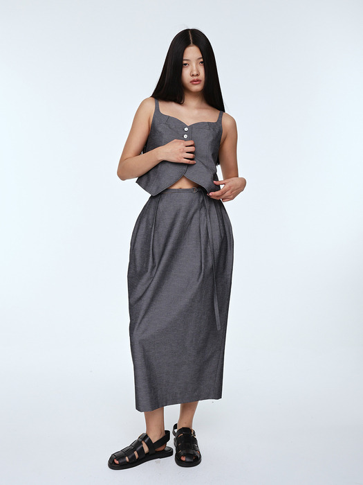Belted Tuck Detail Volume Skirt _ Dark Grey