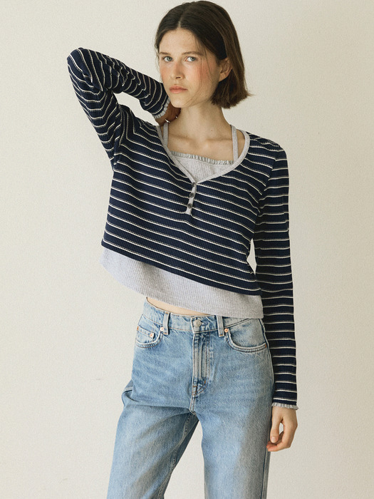 LAYERED STRIPE T-SHIRT - NAVY