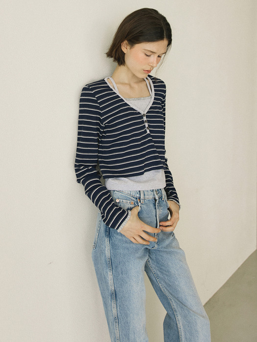 LAYERED STRIPE T-SHIRT - NAVY