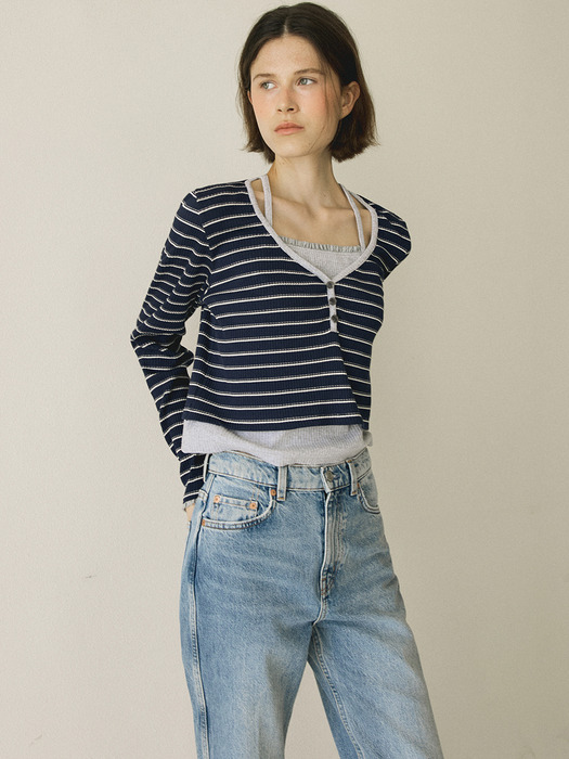 LAYERED STRIPE T-SHIRT - NAVY