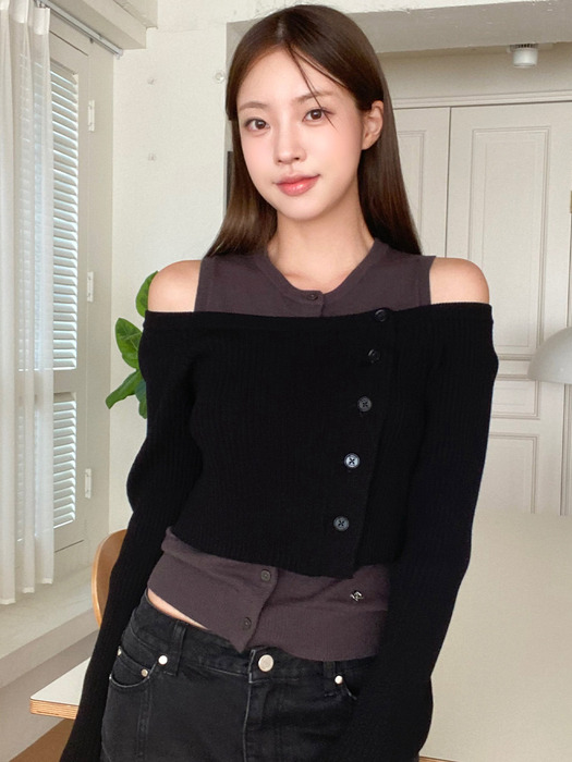 [현서 PICK] OFF SHOULDER CARDIGAN & BUTTON SLEEVELESS SET BK