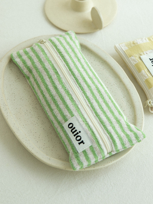 ouior flat pencil case_terry stripe green (middle zipper)