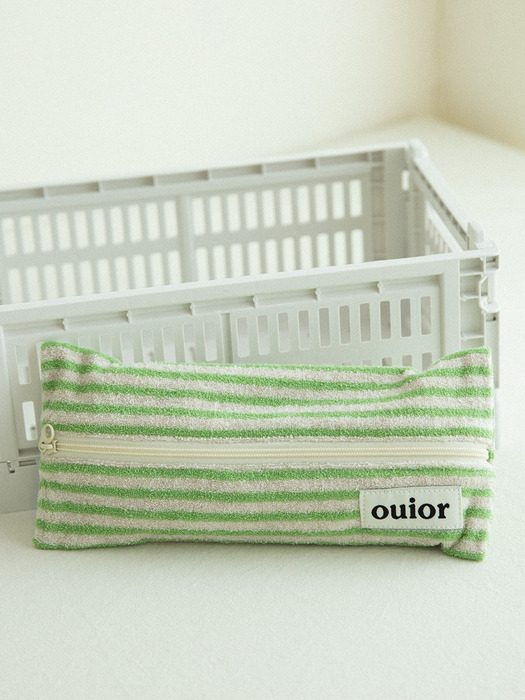 ouior flat pencil case_terry stripe green (middle zipper)