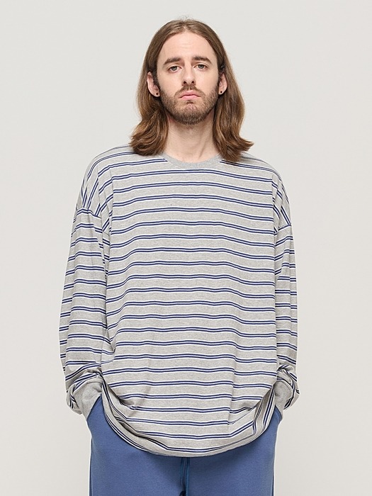 STRIPE OVER LONG SLEEVE TEE  (GRAY/BLUE)