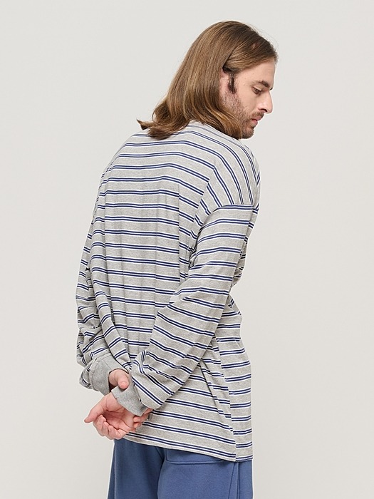 STRIPE OVER LONG SLEEVE TEE  (GRAY/BLUE)