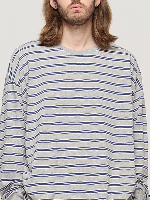 STRIPE OVER LONG SLEEVE TEE  (GRAY/BLUE)