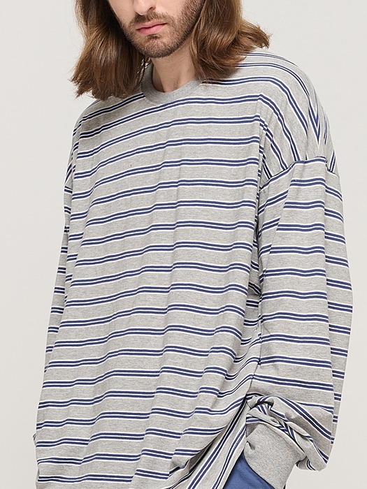 STRIPE OVER LONG SLEEVE TEE  (GRAY/BLUE)