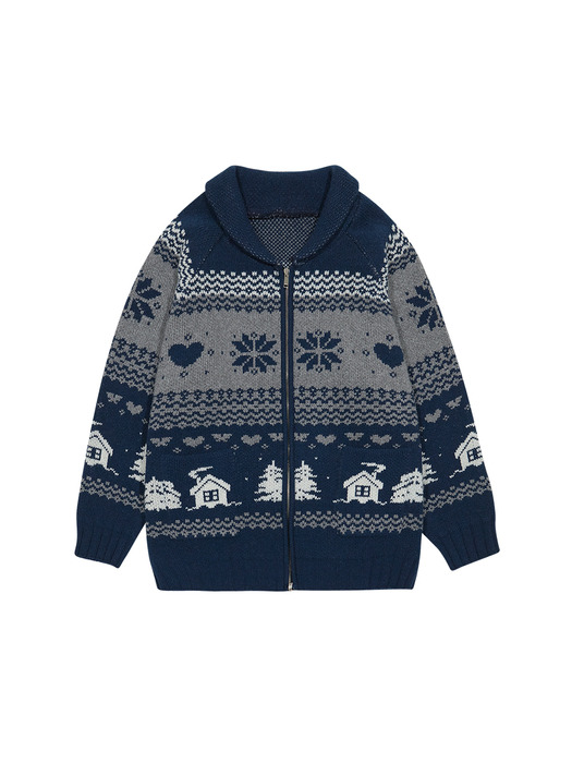 LAMBSWOOL COWICHAN KNIT ZIP-UP (NAVY)