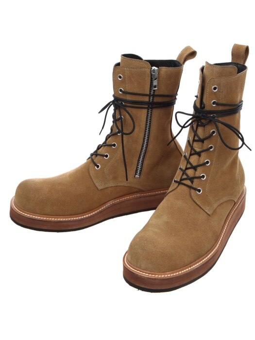 Side Zip Leather Combat Boots(tan)