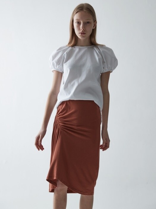 JERSEY SHIRRING SKIRT_CAMEL