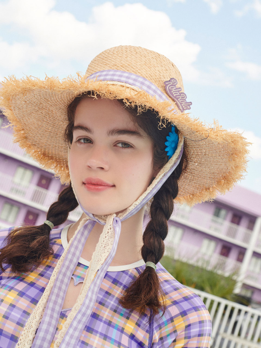 (CH-19312) LACE CHECK RIBBON STRAW HAT LAVENDER