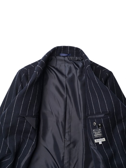 BANTS Tweed Wool Stripe Double Breasted Coat - Navy