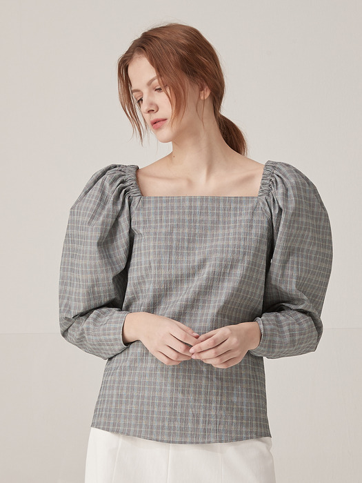 Check puff shoulder blouse - Gray