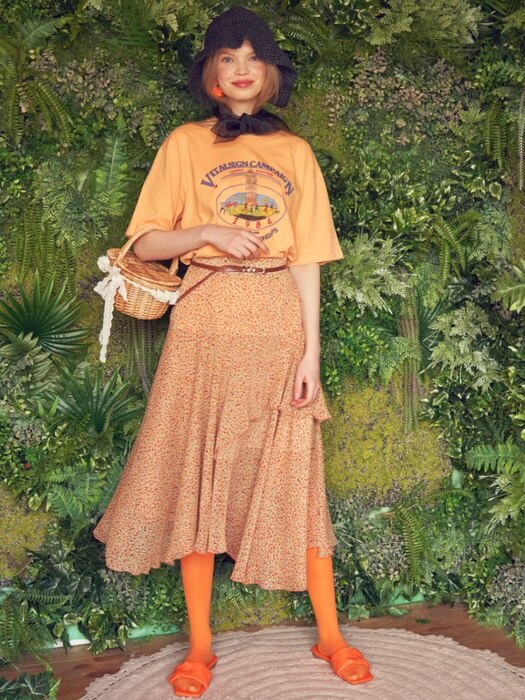 Layered Floral long Skirt (Orange)