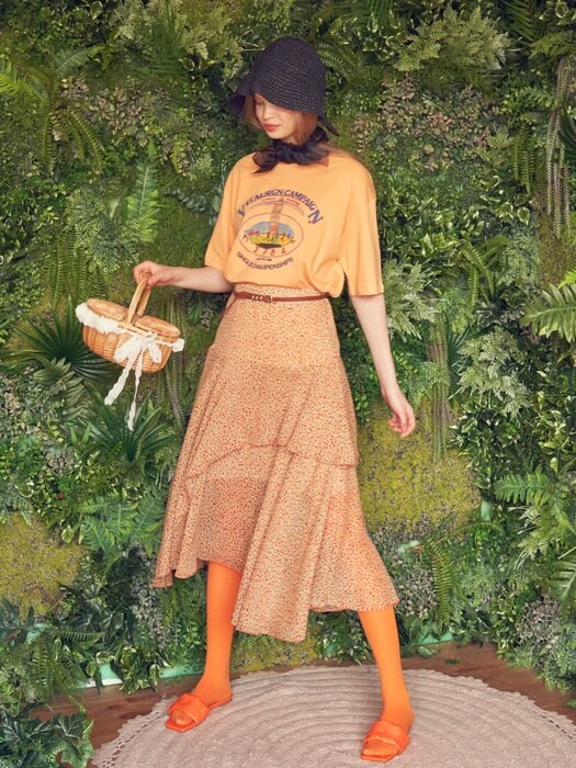 Layered Floral long Skirt (Orange)