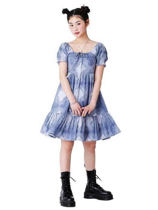 PUFF SLEEVE FLARE DRESS [BLUE]