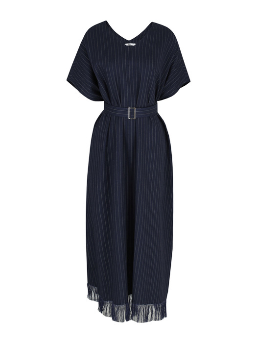 Linen stripe V-neck dress_Navy