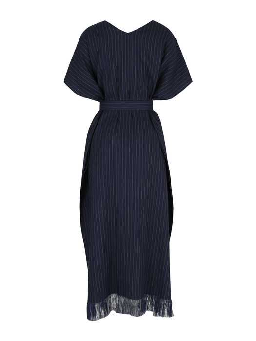 Linen stripe V-neck dress_Navy