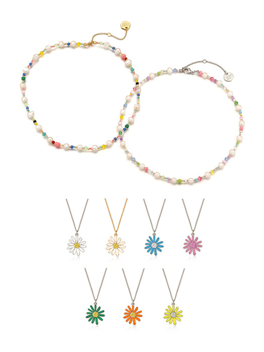 [SET] Pearl n Crystal Beads Necklace_2Color+ Vintage Daisy Necklace_7color