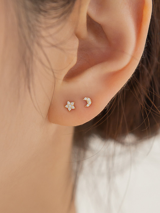 14k gold mini crescent star CZ earrings (14k 골드)