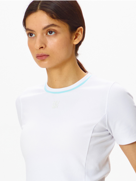 여성 라인 포인트 넥 반팔 티셔츠_OFF WHITE 