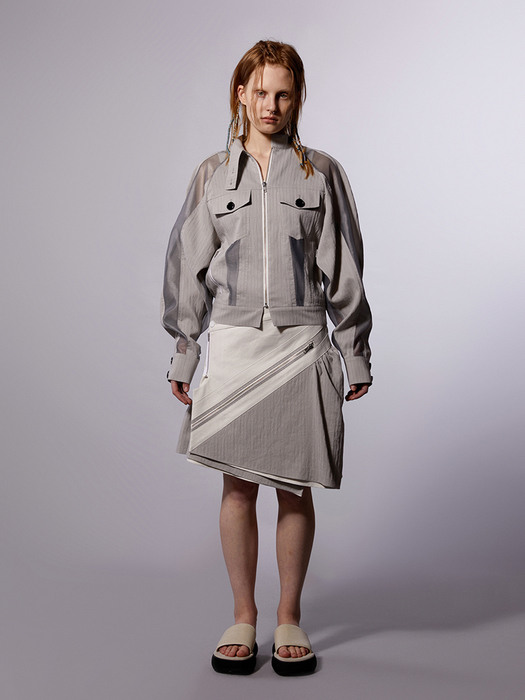 Grey Striped Puff Detail Asymmetric Wrap Skirt 