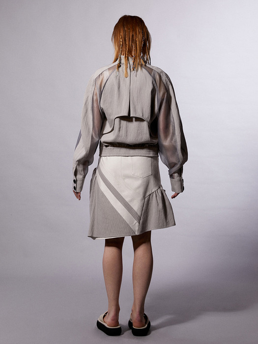 Grey Striped Puff Detail Asymmetric Wrap Skirt 