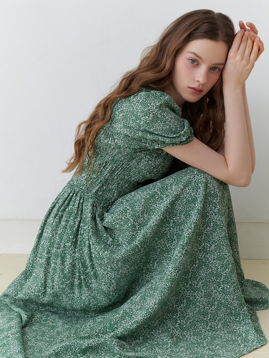 Pattern Shirring long Dress (green)