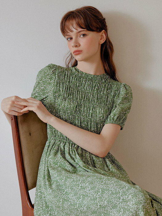 Pattern Shirring long Dress (green)