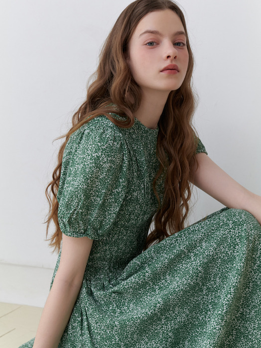 Pattern Shirring long Dress (green)