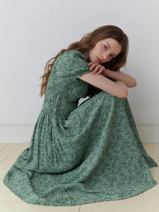 Pattern Shirring long Dress (green)